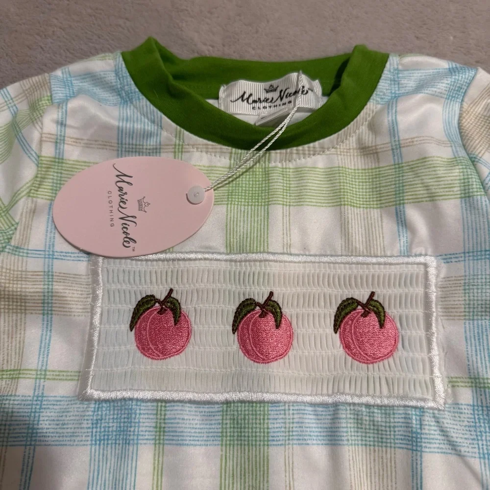 NWT Marie Nicole Romper smocked Easter peach embroidered Spring Outfit 6-12 mths